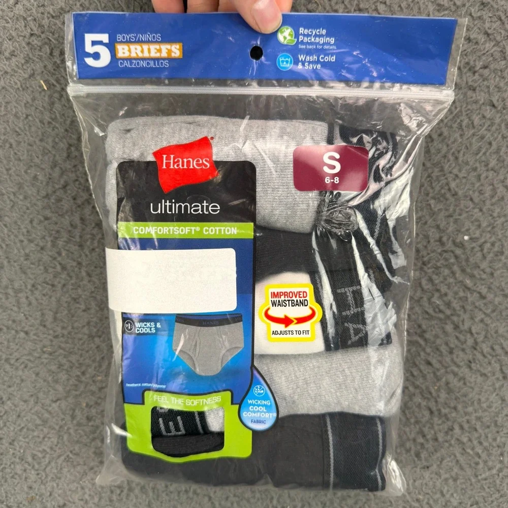 Hanes Ultimate Boys 5 Pack Briefs Size S 6-8 Gray Black Cotton BU39B5 Tagless